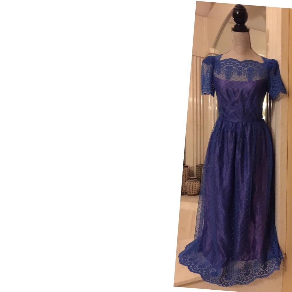 Vintage Blue Lace Pinup Formal Dress Pennys 80s S - Picture 4 of 8